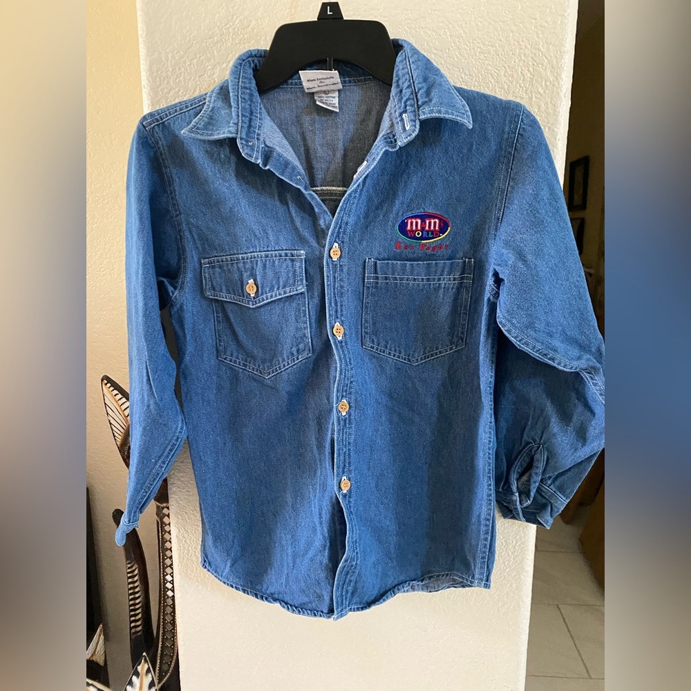M&M’s WORLD: Vintage kids size Large button up BLUE denim top , gently used